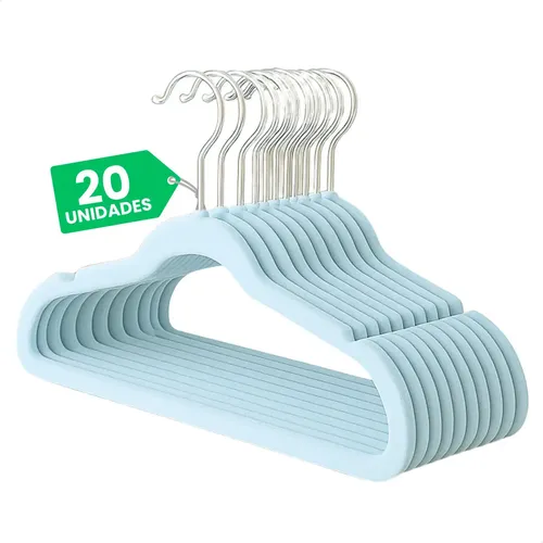 Kit 20 Cabide Infantil Veludo Slim Antideslizante Ultrafino Cor Azul