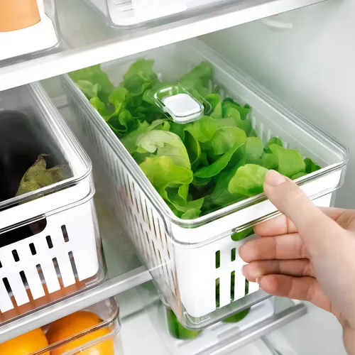 Organizador Geladeira 5L Transparente com Cesto Ventilação Drenagem
