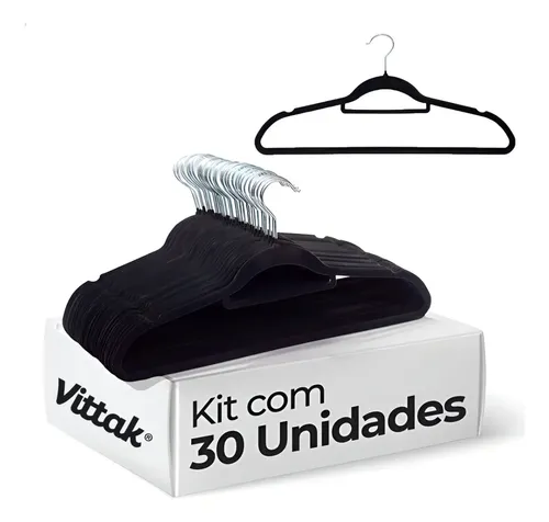 Vittak Kit 30 Cabides Veludo De Roupa Antideslizante Slim Adulto Cor Preto